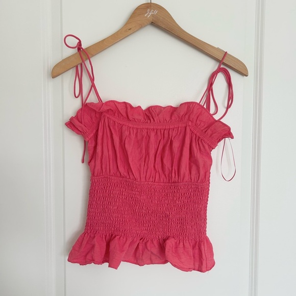 Lush Pink Smocked Ruffled Tie Strap Camisole Blouse Small - Picture 1 of 3